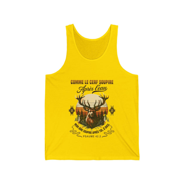 Débardeur jaune pour femme avec une illustration de cerf et le texte biblique Psaume 42:2.