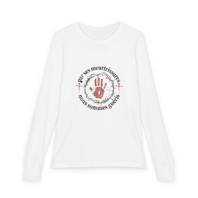 T-shirt blanc à manches longues pour enfant avec un motif religieux centré sur la poitrine.