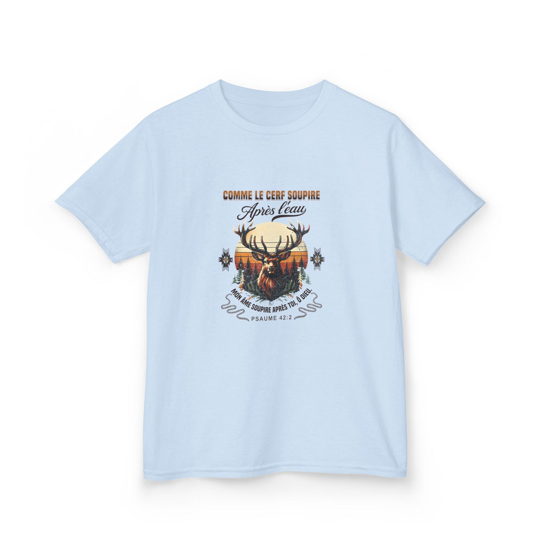T-shirt bleu clair pour enfant avec une illustration de cerf et le texte Psaume 42:2.