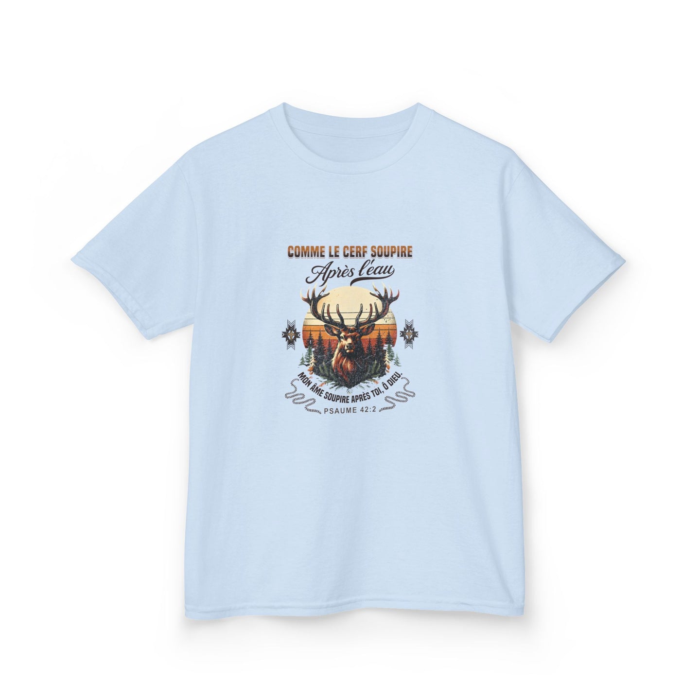 T-shirt bleu clair pour enfant avec une illustration de cerf et le texte Psaume 42:2.