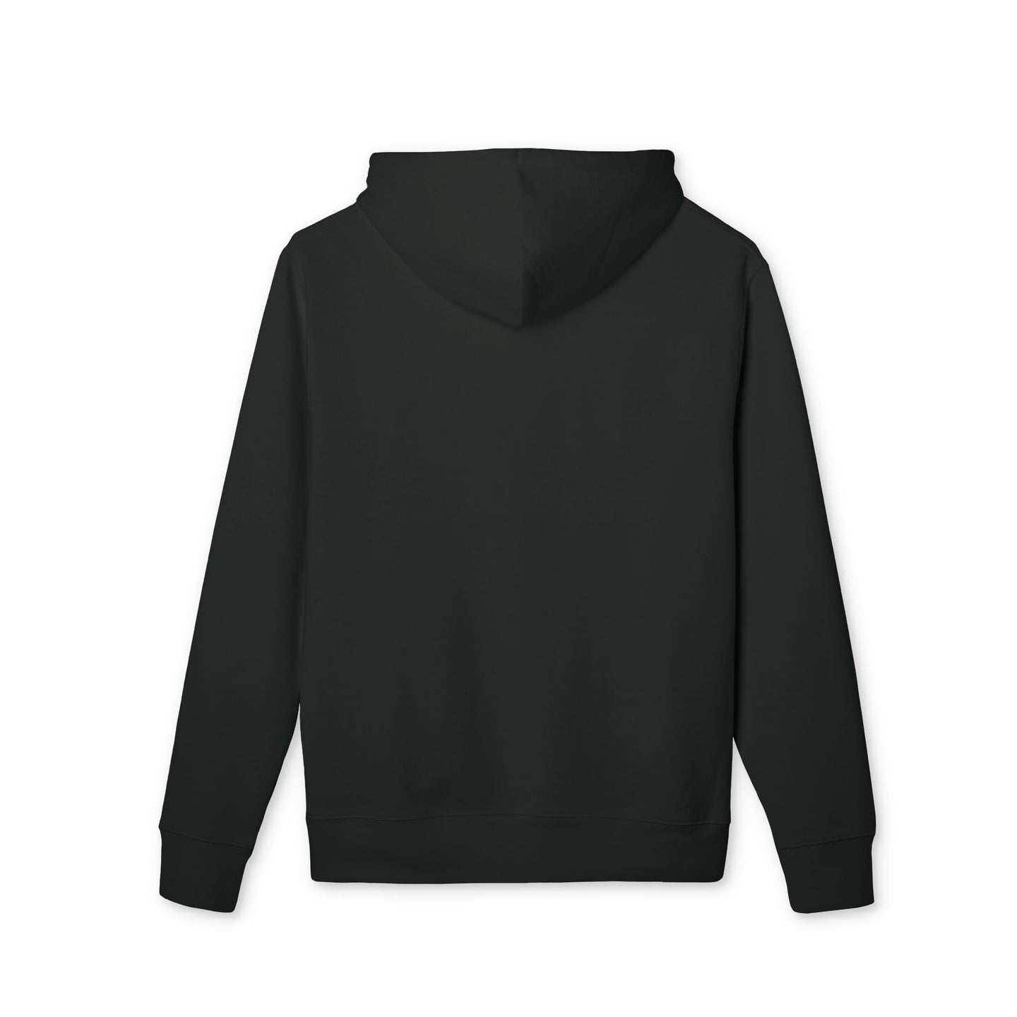 Vue arrière d'un sweat à capuche noir uni en coton biologique.
