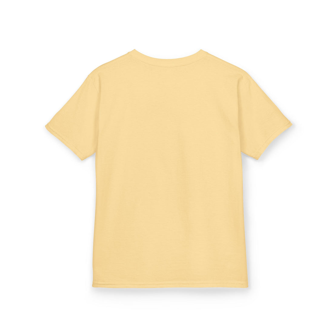 T-shirt pour enfant de couleur jaune pâle vu de dos.