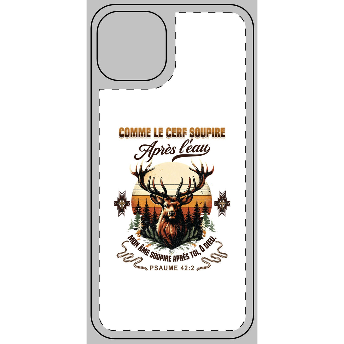 Coque de téléphone blanche illustrée d'un cerf et du verset biblique Psaume 42:2.