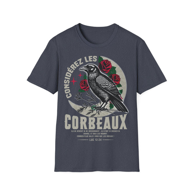 T-shirt gris foncé avec une illustration de corbeau, de roses et un texte biblique en français.