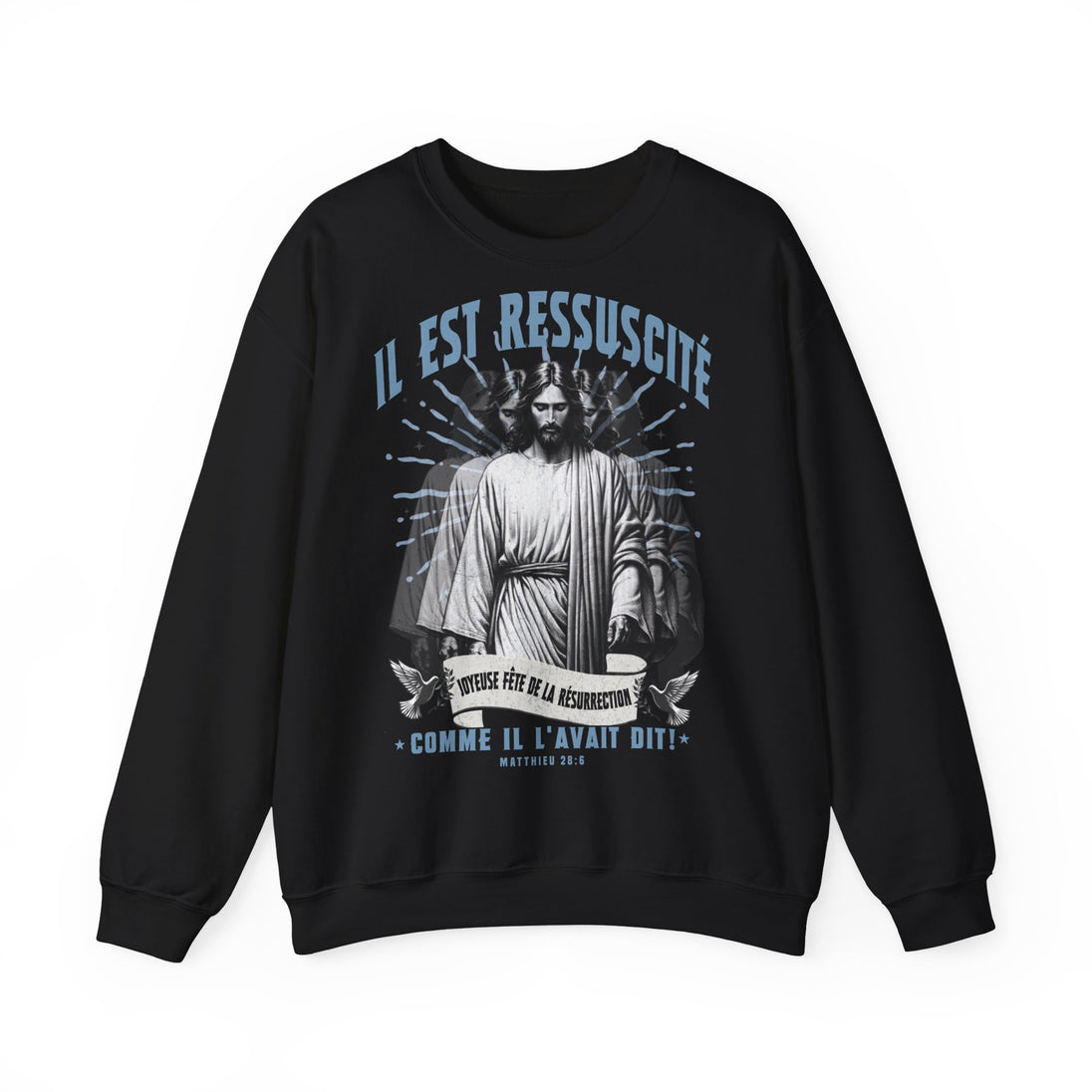Sweatshirt noir pour homme avec une illustration religieuse et le texte Il est ressuscité.