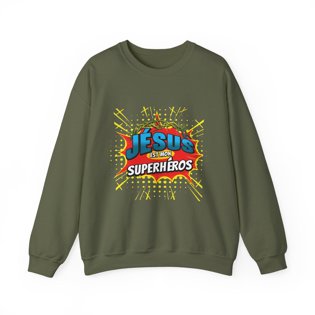 Sweat-shirt vert olive avec une illustration style comics Jésus est mon superhéros.