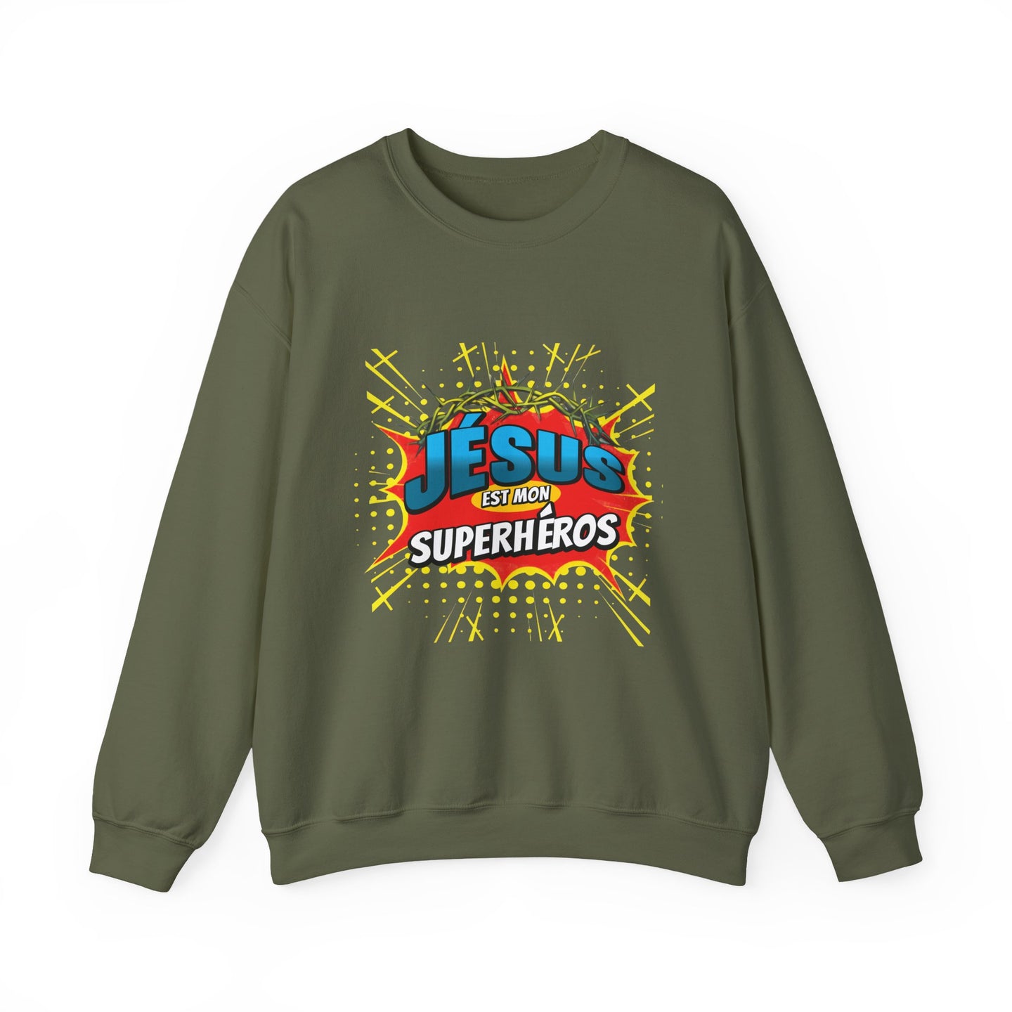 Sweat-shirt vert olive avec une illustration style comics Jésus est mon superhéros.