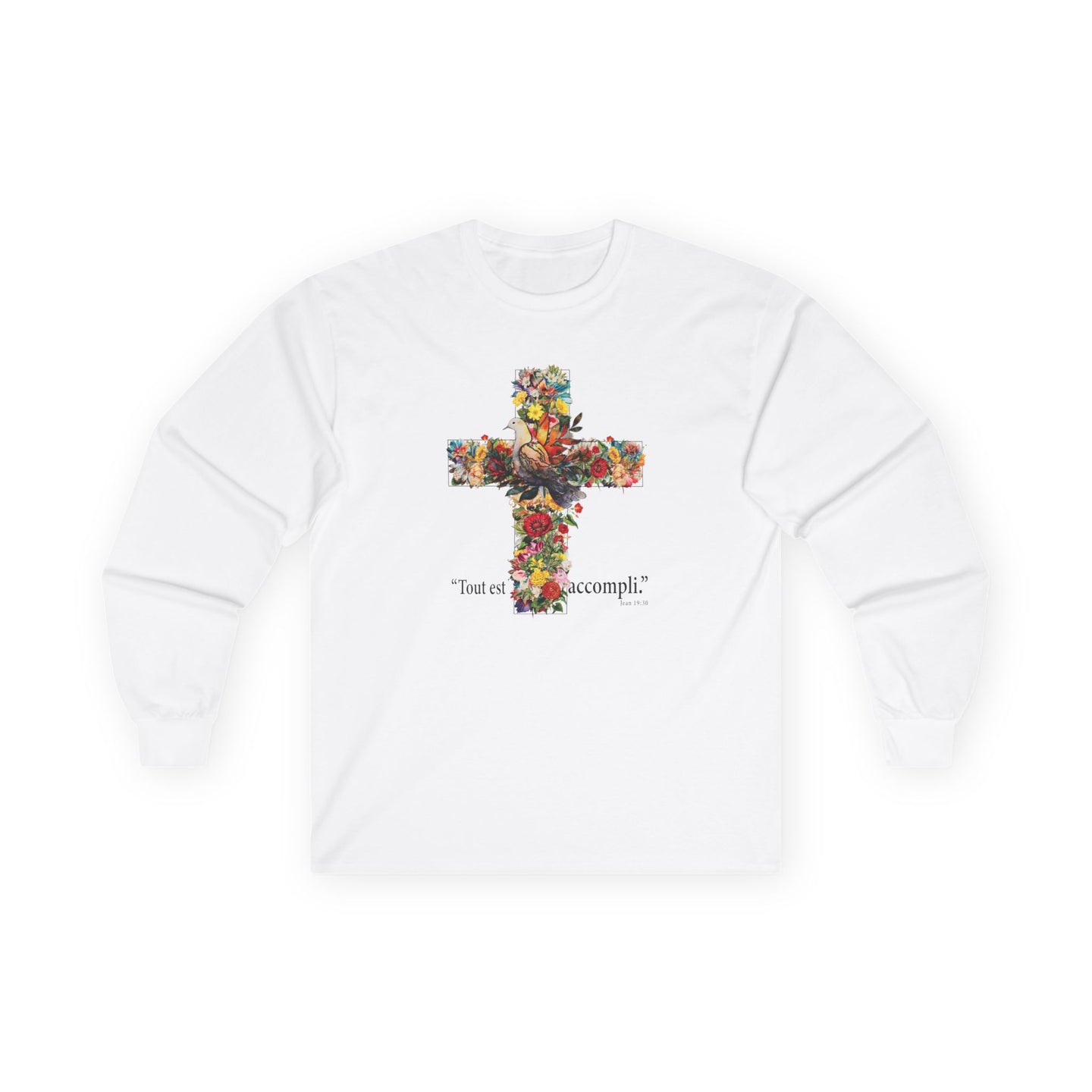 T-shirt blanc à manches longues avec croix fleurie et texte "Tout est accompli".