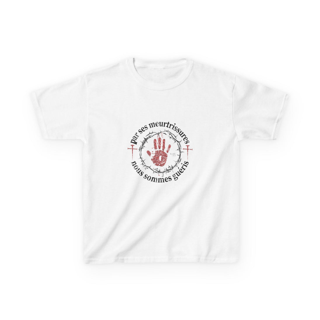 T-shirt blanc pour enfant avec une impression rouge représentant une main entourée d'épines.