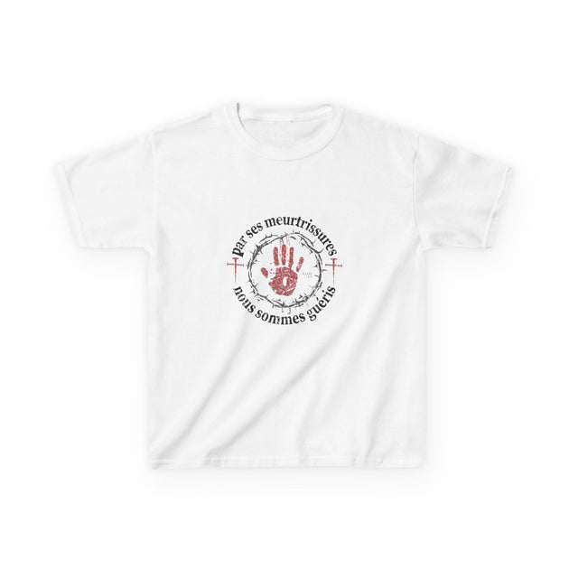 T-shirt blanc pour enfant avec une impression rouge représentant une main entourée d'épines.