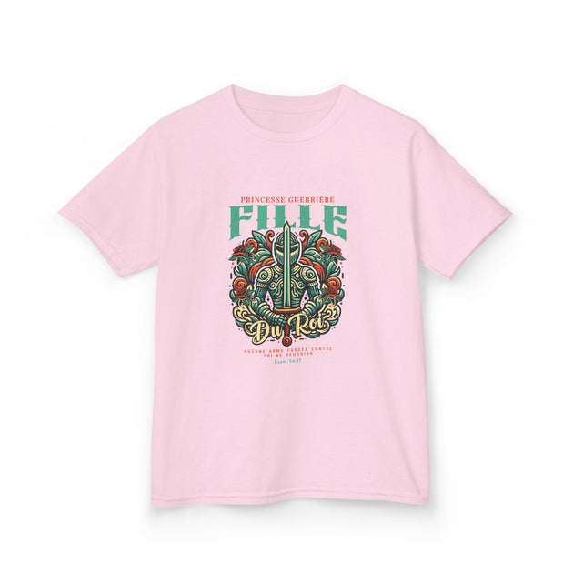 T-shirt rose pour enfant avec une illustration de chevalier et le texte Fille du Roi.