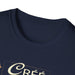 T-shirt bleu marine pour femme avec un col rond côtelé et une inscription imprimée.