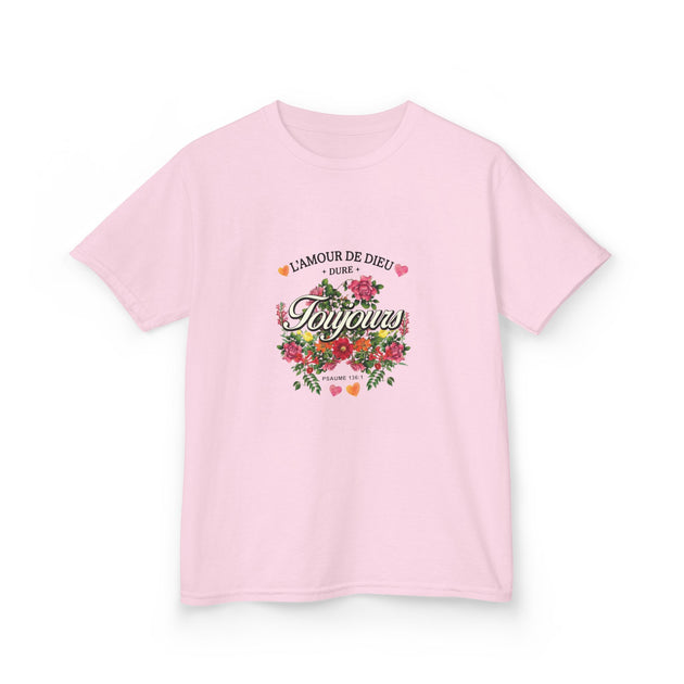 T-shirt rose pour enfant avec un motif floral et l'inscription L'Amour de Dieu Toujours.