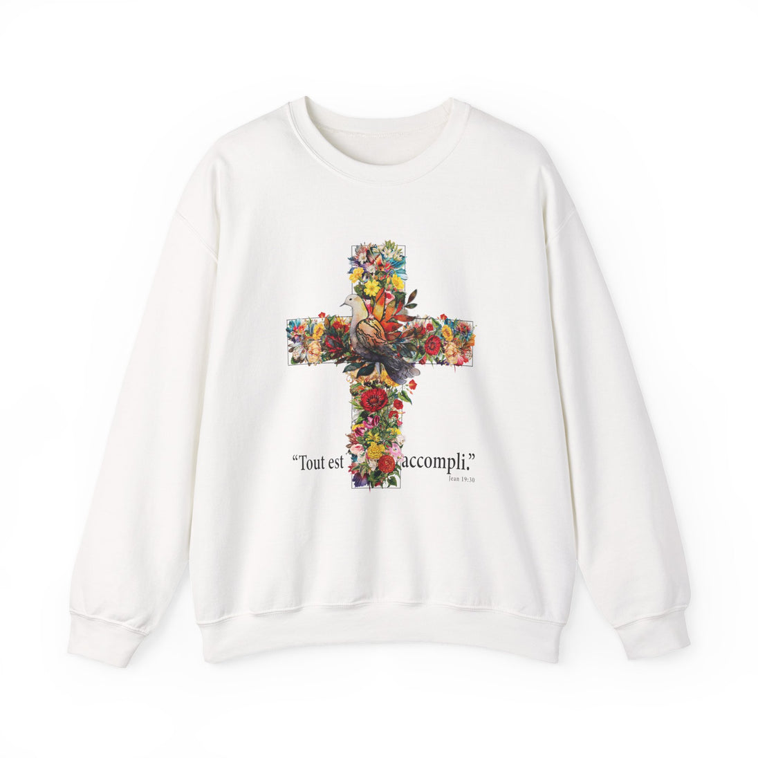 Sweat-shirt blanc à col rond orné d'une croix florale et de l'inscription Tout est accompli.