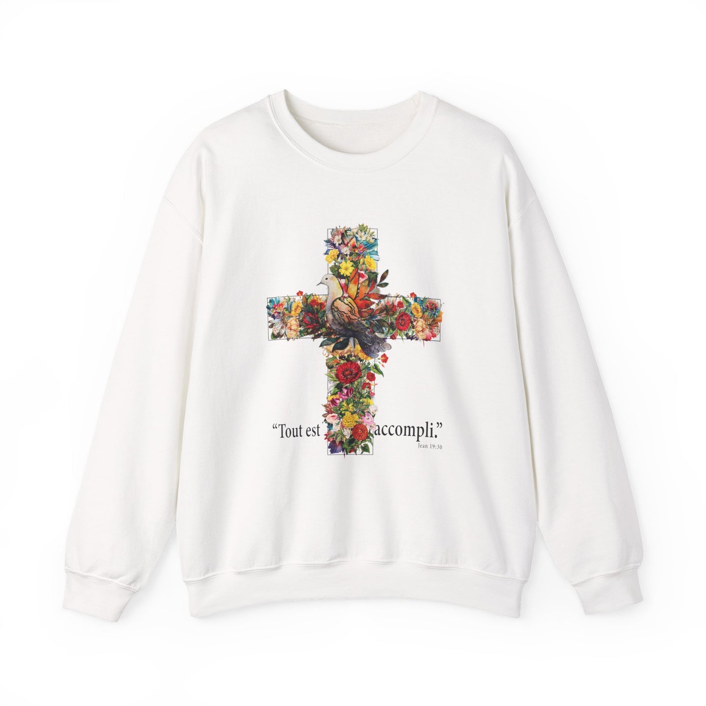 Sweat-shirt blanc à col rond orné d'une croix florale et de l'inscription Tout est accompli.