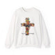 Sweat-shirt blanc à col rond orné d'une croix florale et de l'inscription Tout est accompli.
