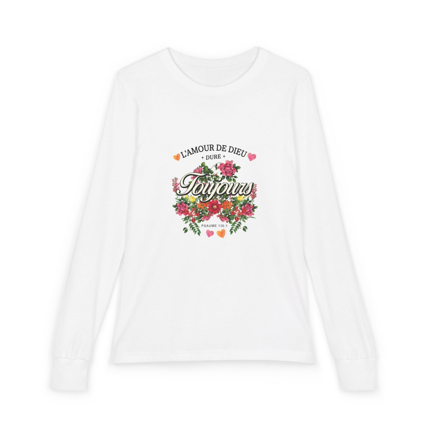 T-shirt blanc à manches longues pour enfant avec un motif floral et le texte L'amour de Dieu.