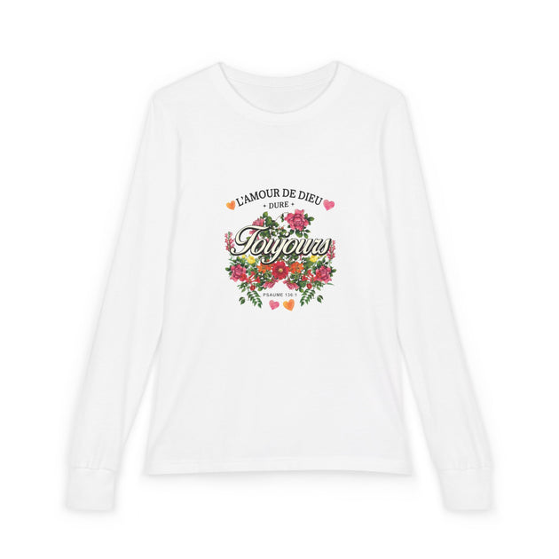 T-shirt blanc à manches longues pour enfant avec un motif floral et le texte L'amour de Dieu.