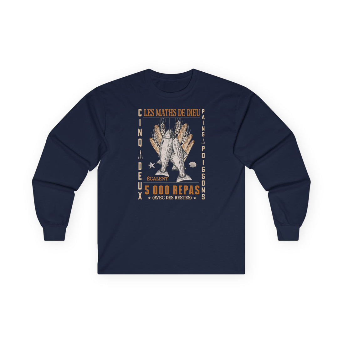 T-shirt bleu marine à manches longues avec une illustration chrétienne et du texte en français.