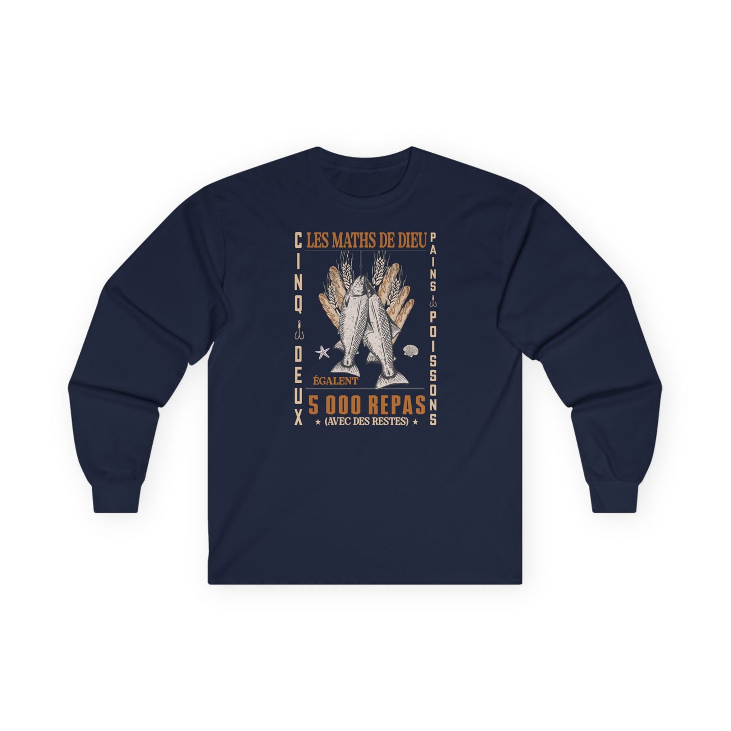 T-shirt bleu marine à manches longues avec une illustration chrétienne et du texte en français.