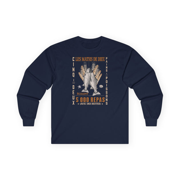 T-shirt bleu marine à manches longues avec une illustration chrétienne et du texte en français.