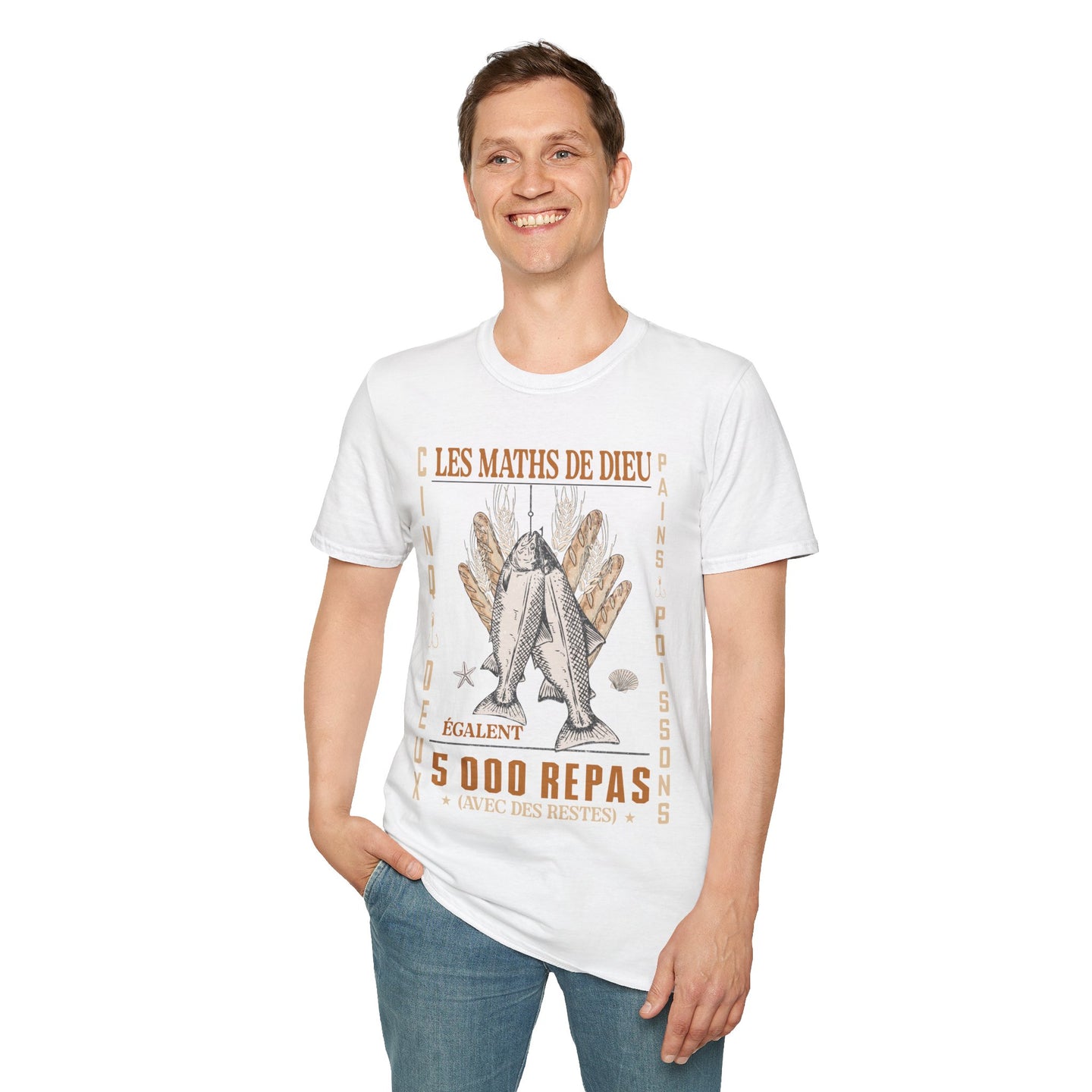 T-shirt blanc homme Les Maths de Dieu, illustration vintage pains et poissons, 100% coton.