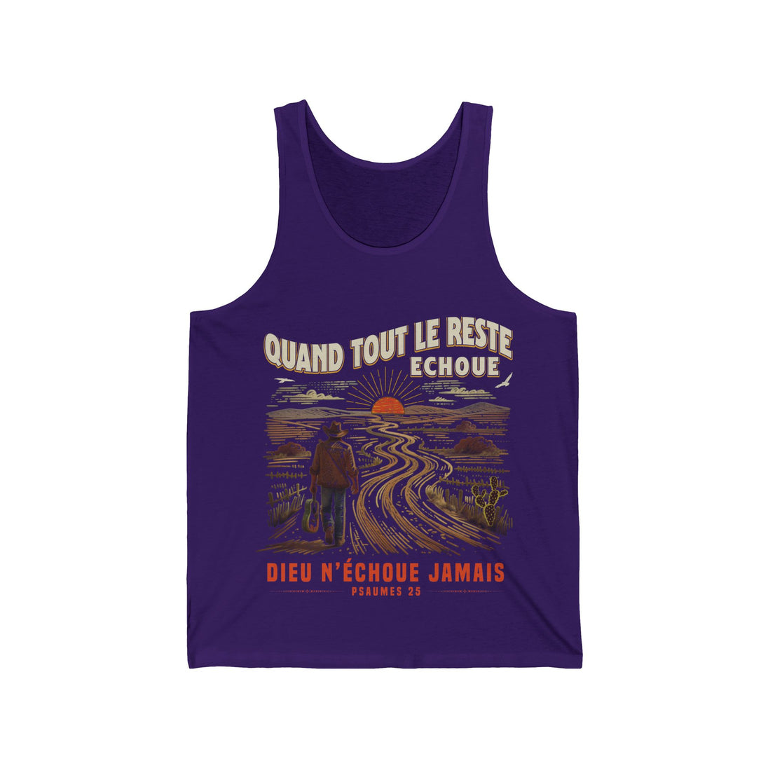 Débardeur violet pour homme avec une illustration de paysage désertique et un message religieux.