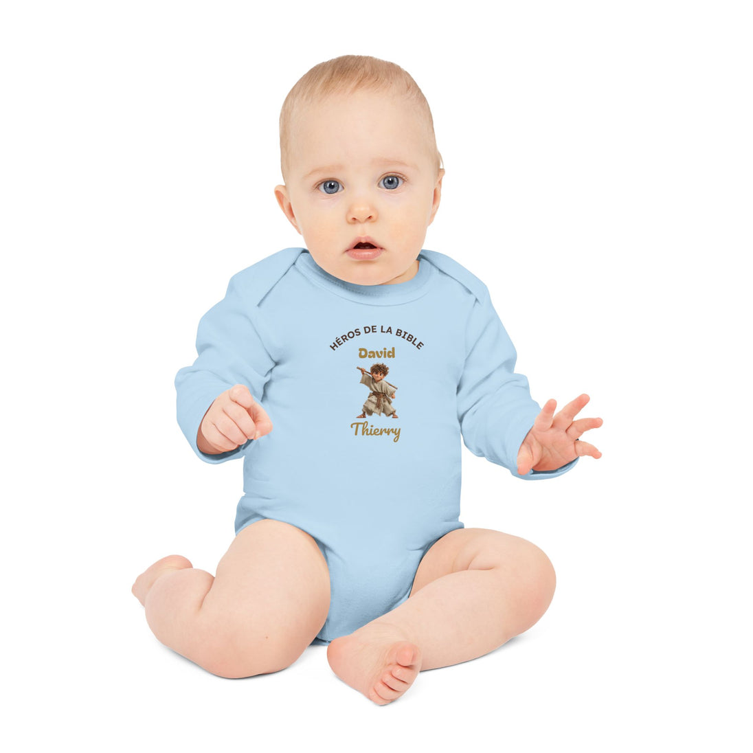 Body bébé bleu à manches longues personnalisé David, Héros de la Bible, en coton bio.