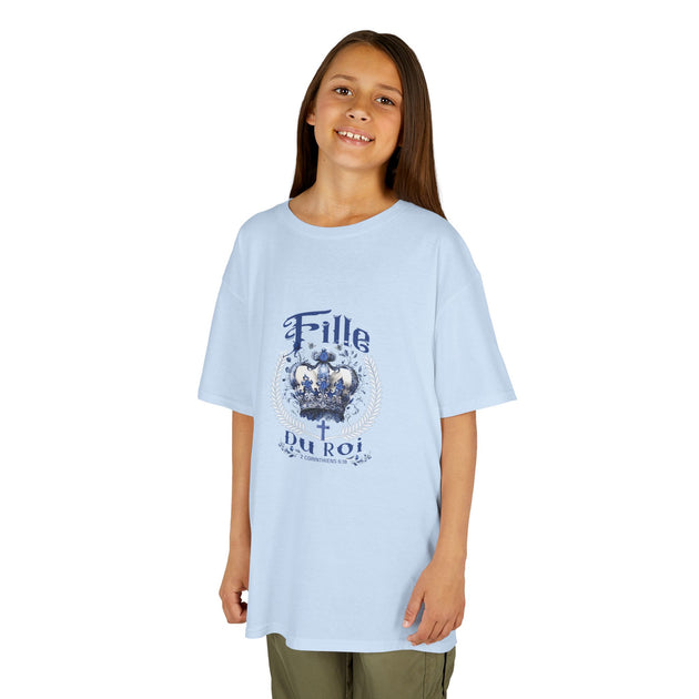 T-shirt bleu clair pour enfant avec couronne et texte Fille du Roi, 100% coton.