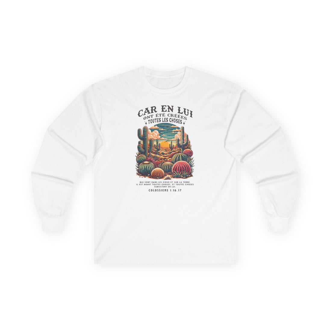 T-shirt blanc à manches longues avec une illustration de désert et un verset biblique en français.