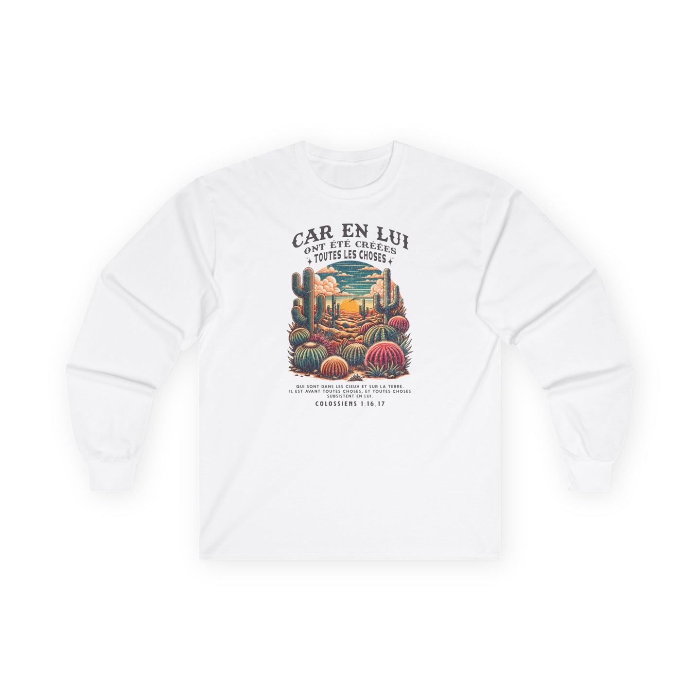 T-shirt blanc à manches longues avec une illustration de désert et un verset biblique en français.