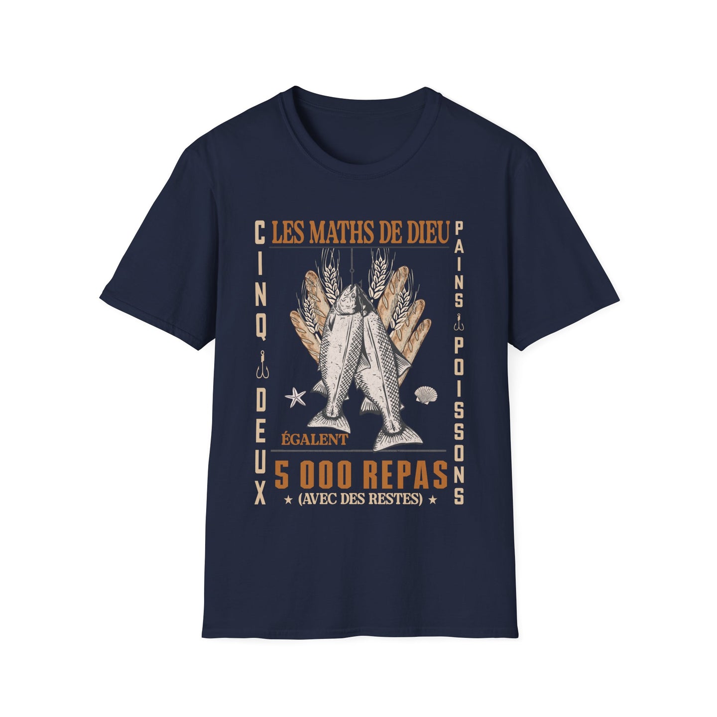 T-shirt bleu marine pour homme avec une illustration de pains et poissons et du texte en français.