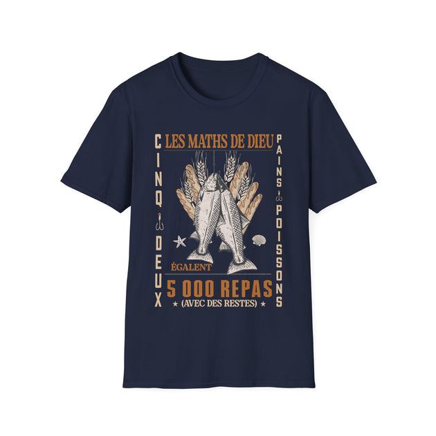 T-shirt bleu marine pour homme avec une illustration de pains et poissons et du texte en français.
