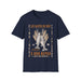 T-shirt bleu marine pour homme avec une illustration de pains et poissons et du texte en français.