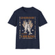 T-shirt bleu marine pour homme avec une illustration de pains et poissons et du texte en français.