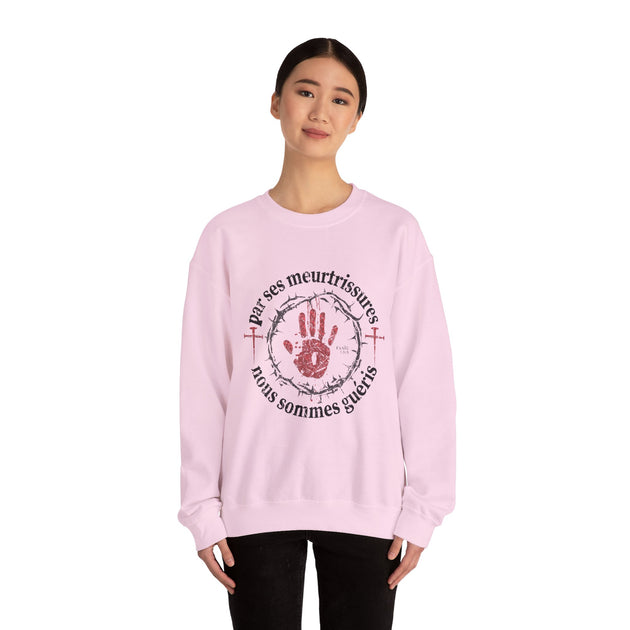 Sweatshirt rose pour femme avec motif chrétien "Par ses meurtrissures nous sommes guéris".