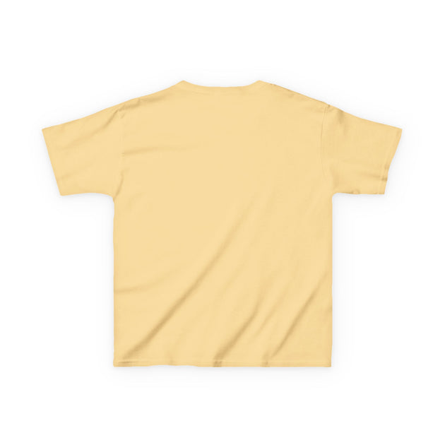 Dos d'un t-shirt enfant en coton épais jaune pastel, coupe classique et col rond.