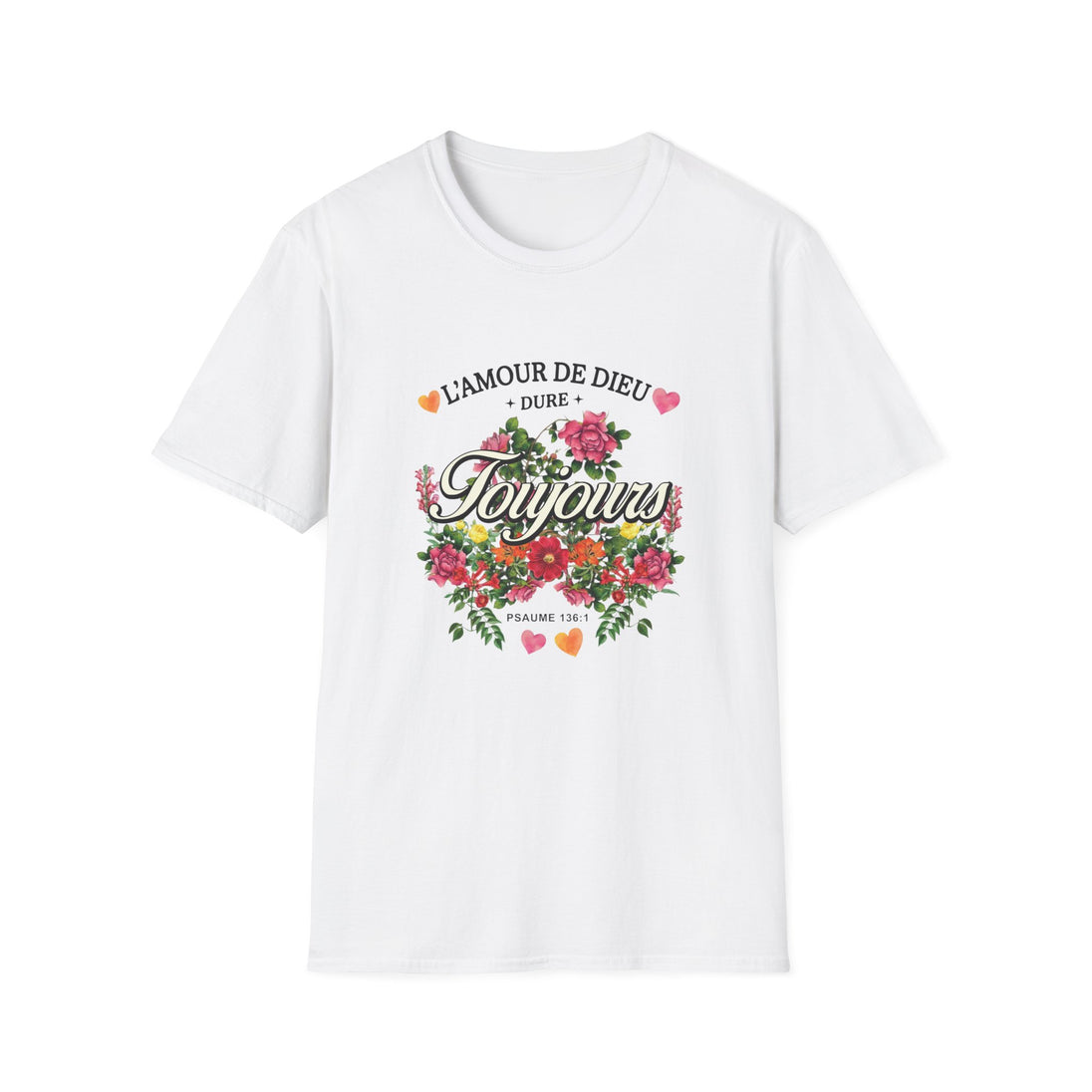 T-shirt blanc pour femme avec un motif floral vintage et l'inscription L'amour de Dieu dure toujours.
