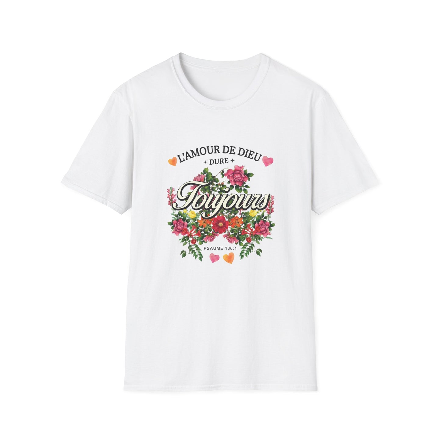 T-shirt blanc pour femme avec un motif floral vintage et l'inscription L'amour de Dieu dure toujours.
