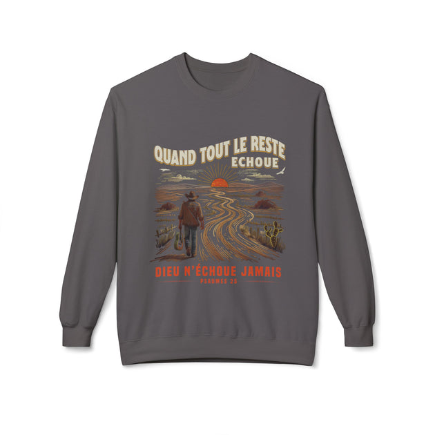 Sweat-shirt gris à col rond avec une illustration de cow-boy et un message religieux en français.