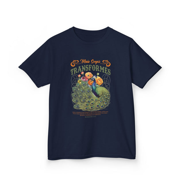 T-shirt bleu marine pour enfant avec une illustration de paon et un texte biblique en français.