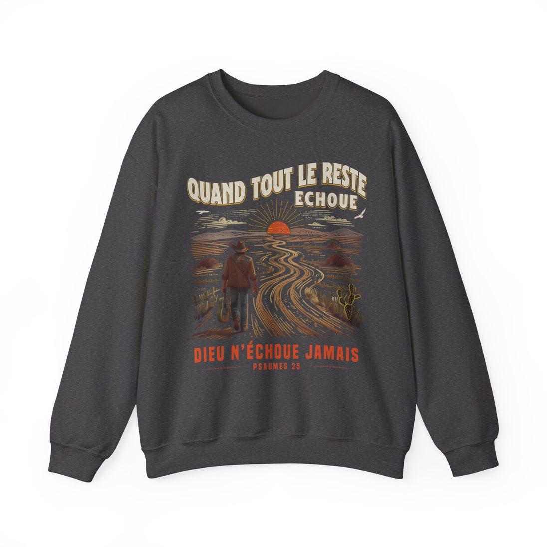 Sweat-shirt gris foncé pour homme avec une illustration de voyageur et un message chrétien.