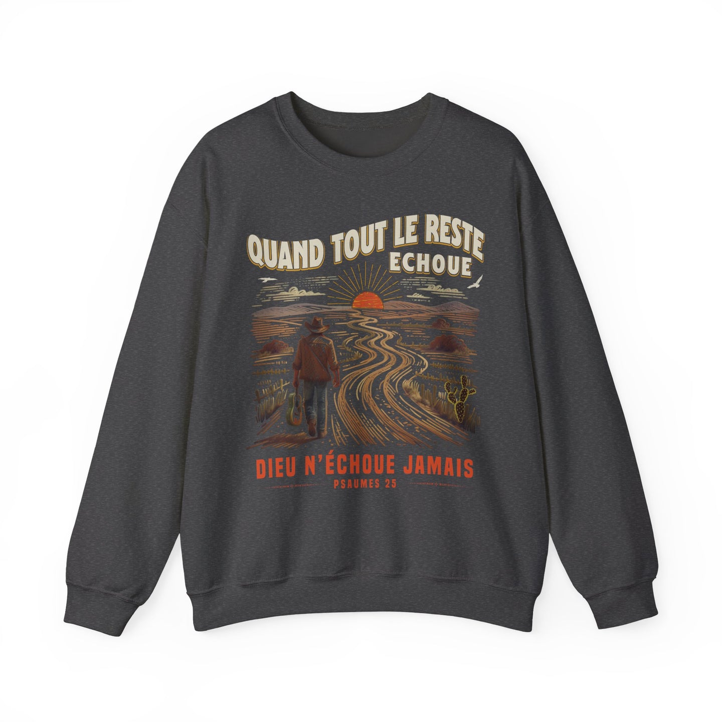Sweat-shirt gris foncé pour homme avec une illustration de voyageur et un message chrétien.