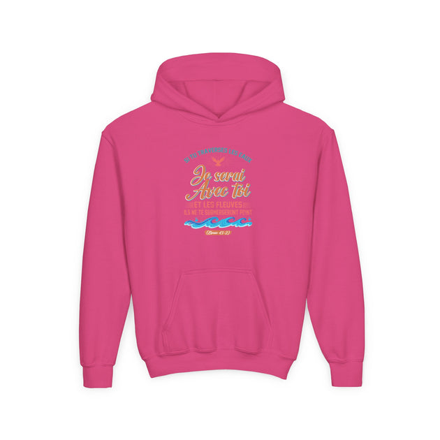 Sweat-shirt à capuche rose pour enfant avec une inscription religieuse et des vagues imprimées.