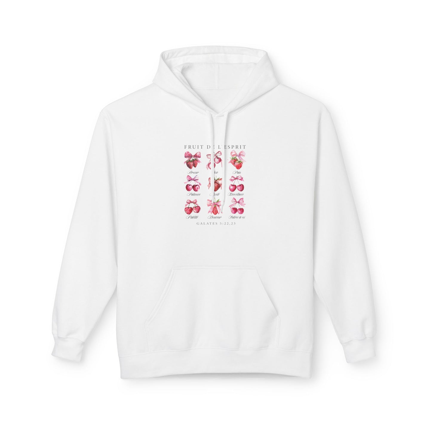 Sweat à capuche blanc pour femme orné d'un motif illustrant les fruits de l'Esprit.