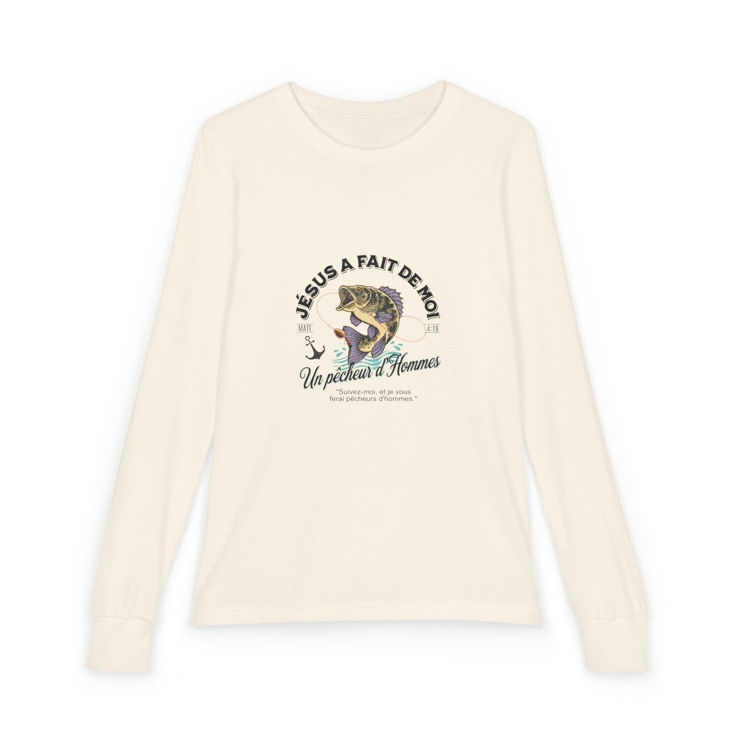 T-shirt à manches longues beige pour enfant avec une illustration de poisson et un texte religieux.
