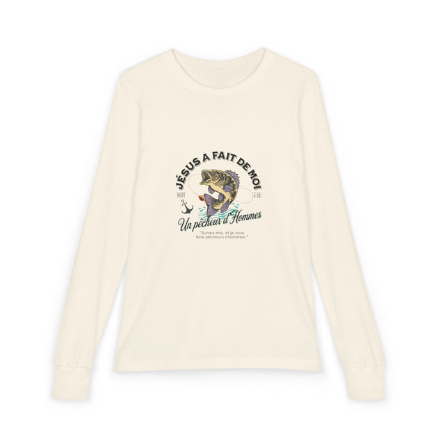 T-shirt à manches longues beige pour enfant avec une illustration de poisson et un texte religieux.