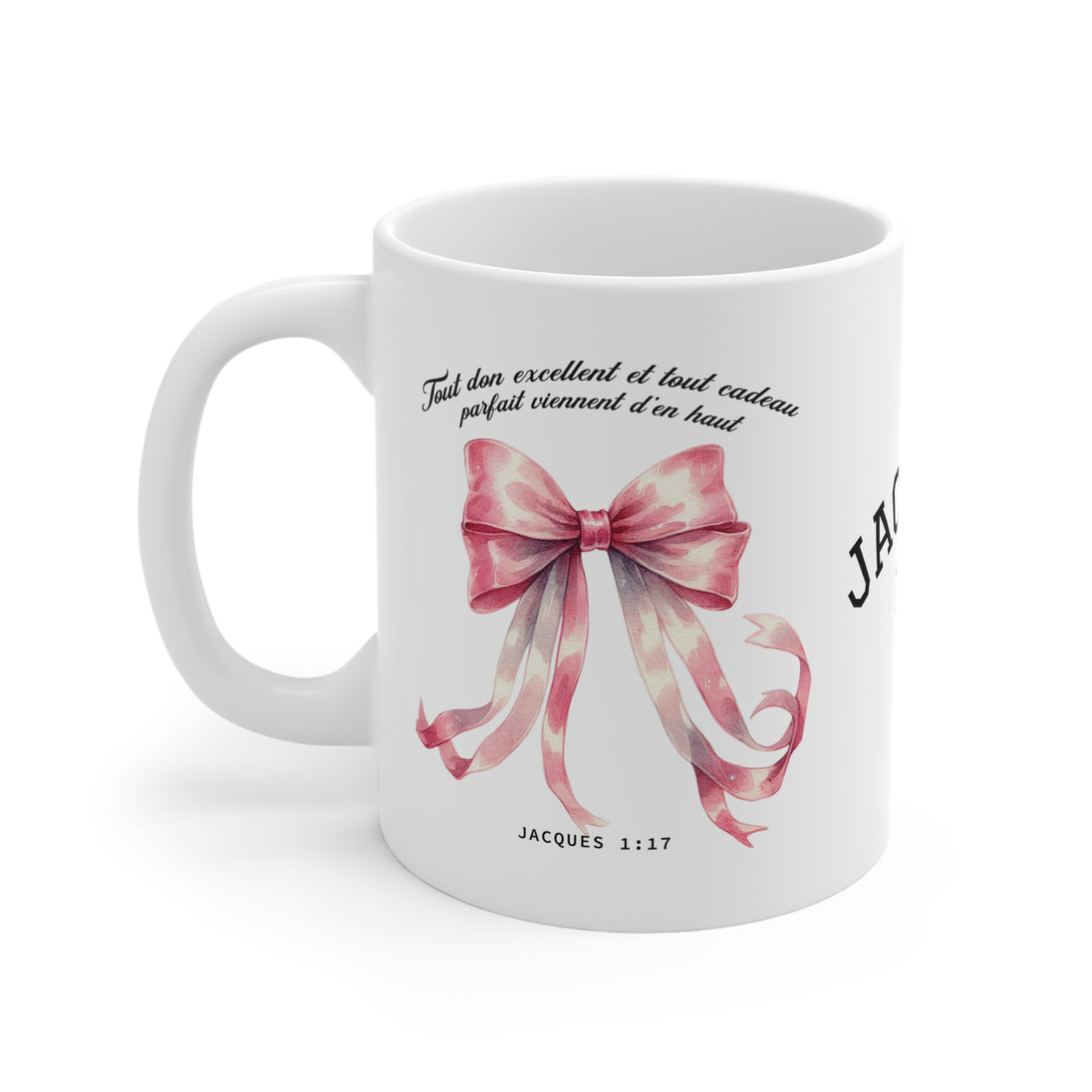 Mug en céramique blanche orné d'un nœud rose et du verset biblique Jacques 1:17.