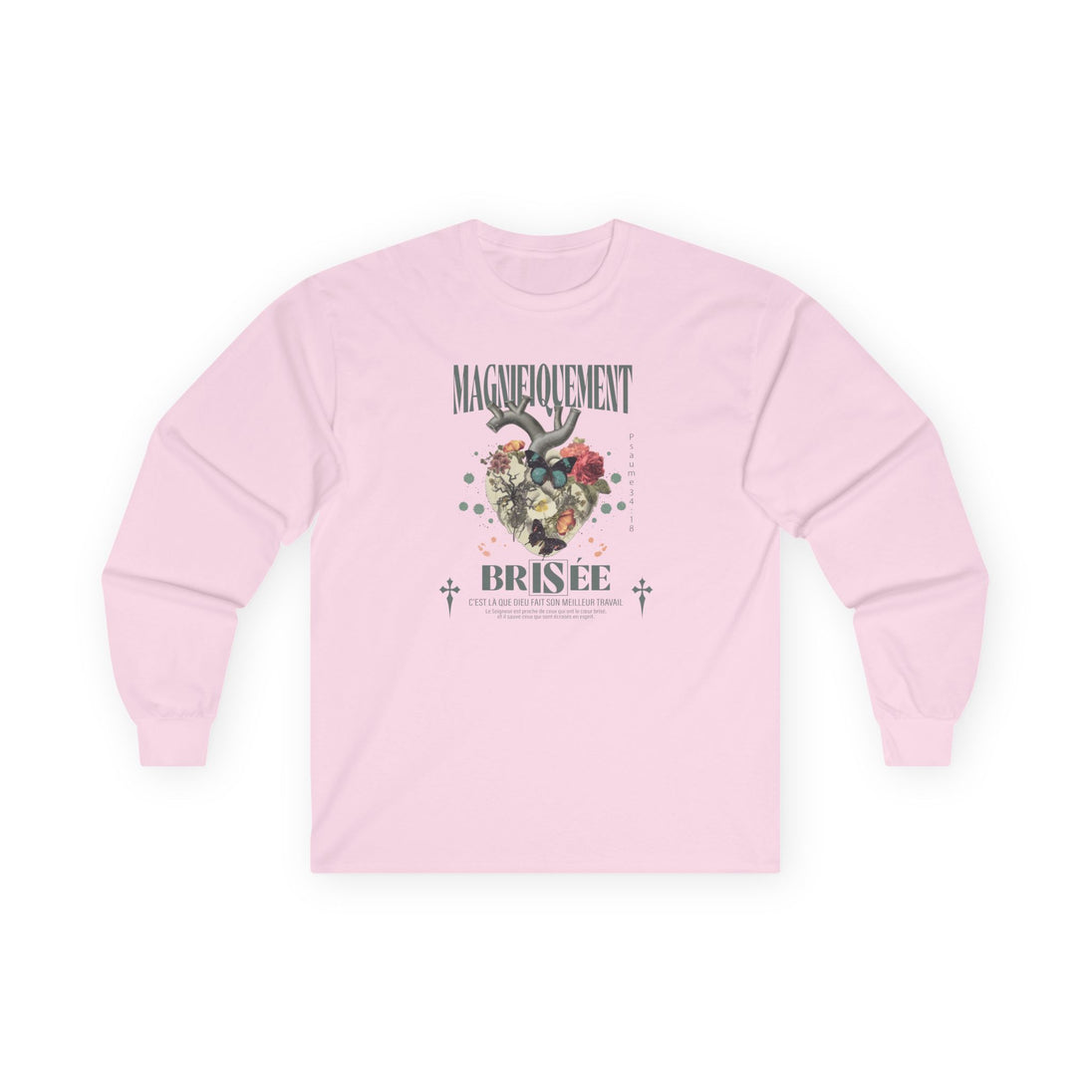 T-shirt rose à manches longues avec un motif floral en forme de cœur et un message inspirant.
