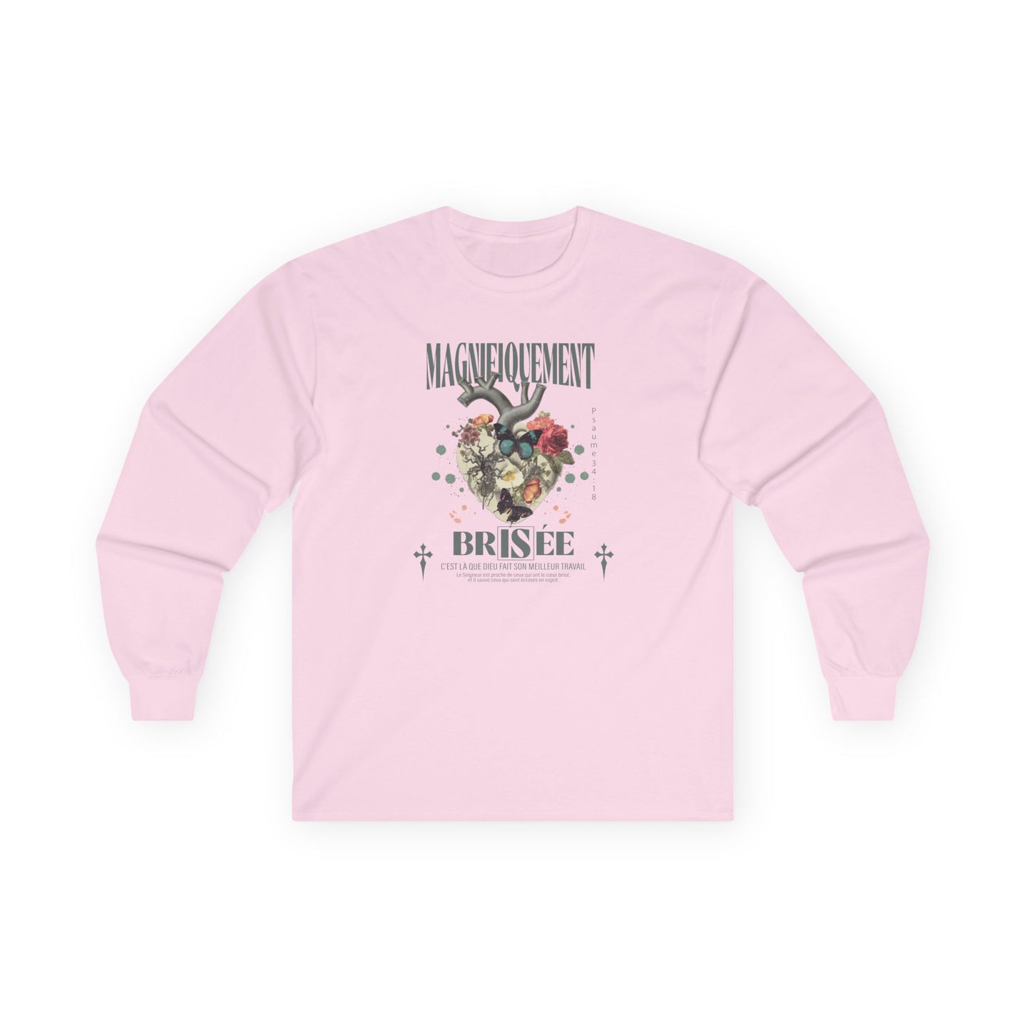 T-shirt rose à manches longues avec un motif floral en forme de cœur et un message inspirant.
